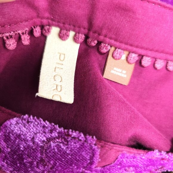 Anthropologie Pilcro Velvet Appliqué Blouse Boho Chic Plum Purple Button Front - Picture 9 of 10